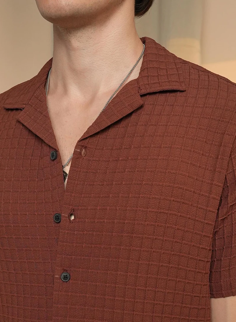 CAHOOT  Men's Chocolate Brown Waffle-Textured Co-Ord Set For Casual Wear | Cuban Collar | Short Sleeve | Button Closure | Co-Ords Crafted With Comfort Fit For Everyday Wear for Men | Best Price UAE